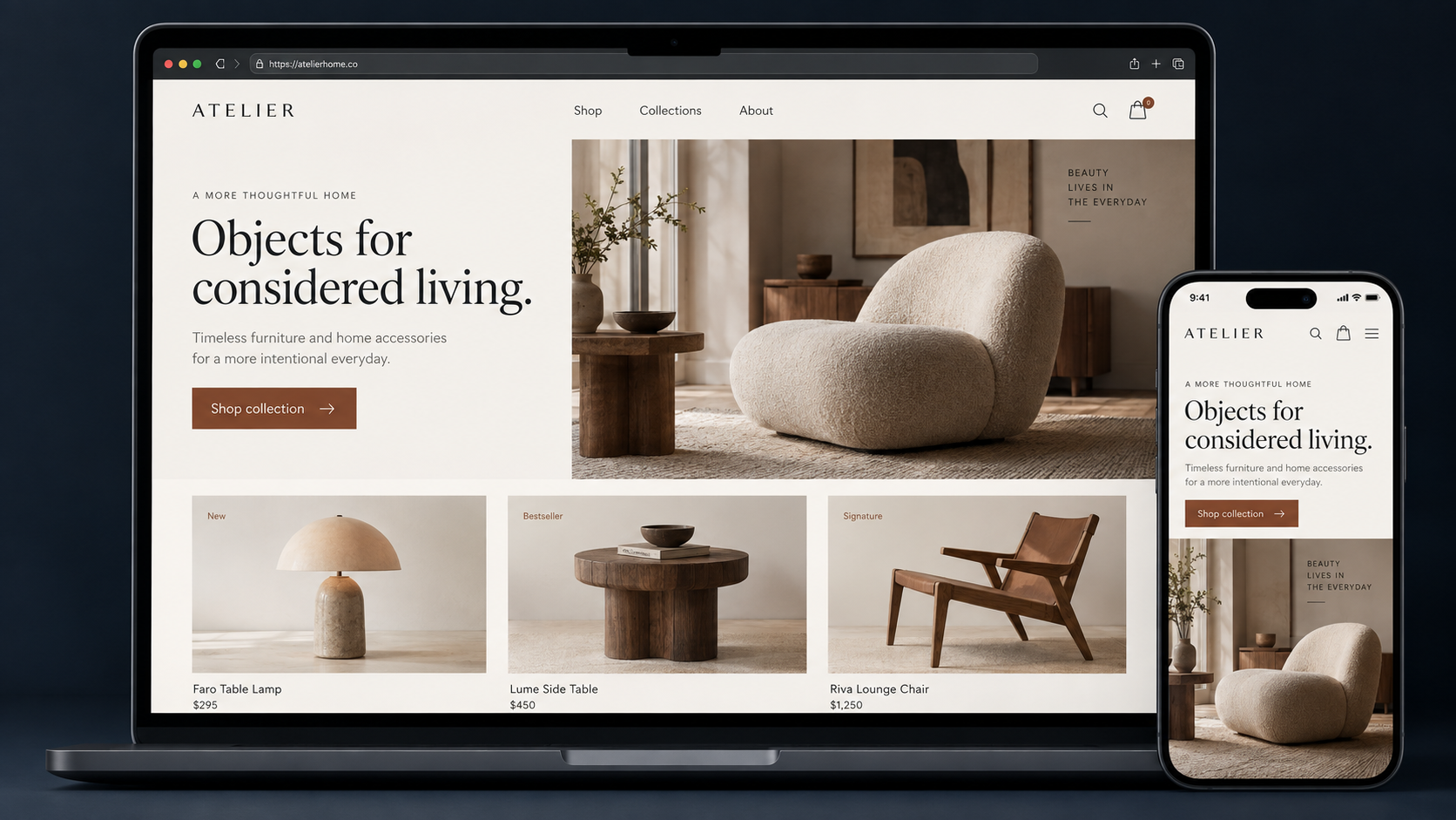 Furniture ecommerce website shown on desktop and mobile