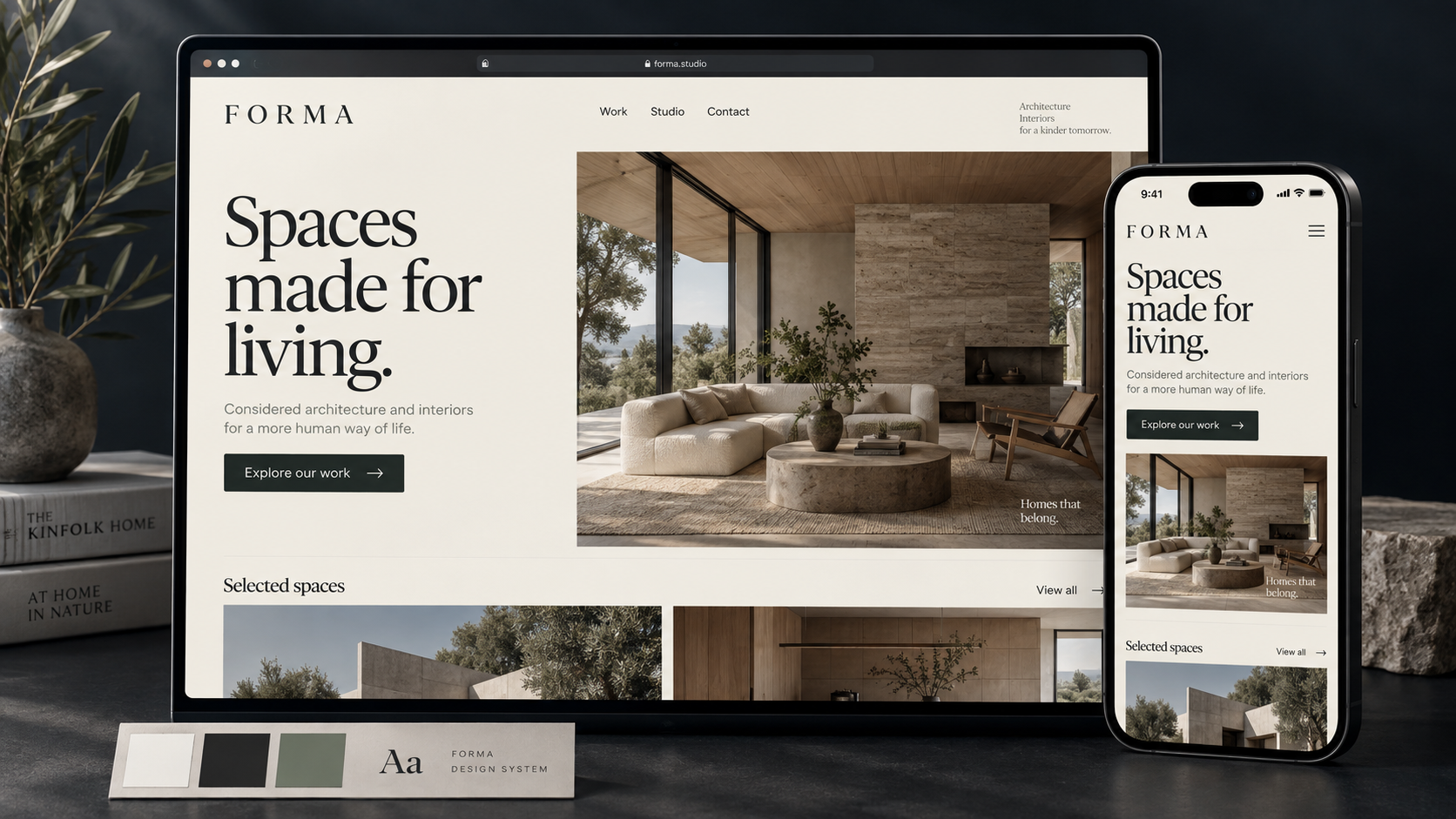 Architecture brand and responsive website shown on desktop and mobile