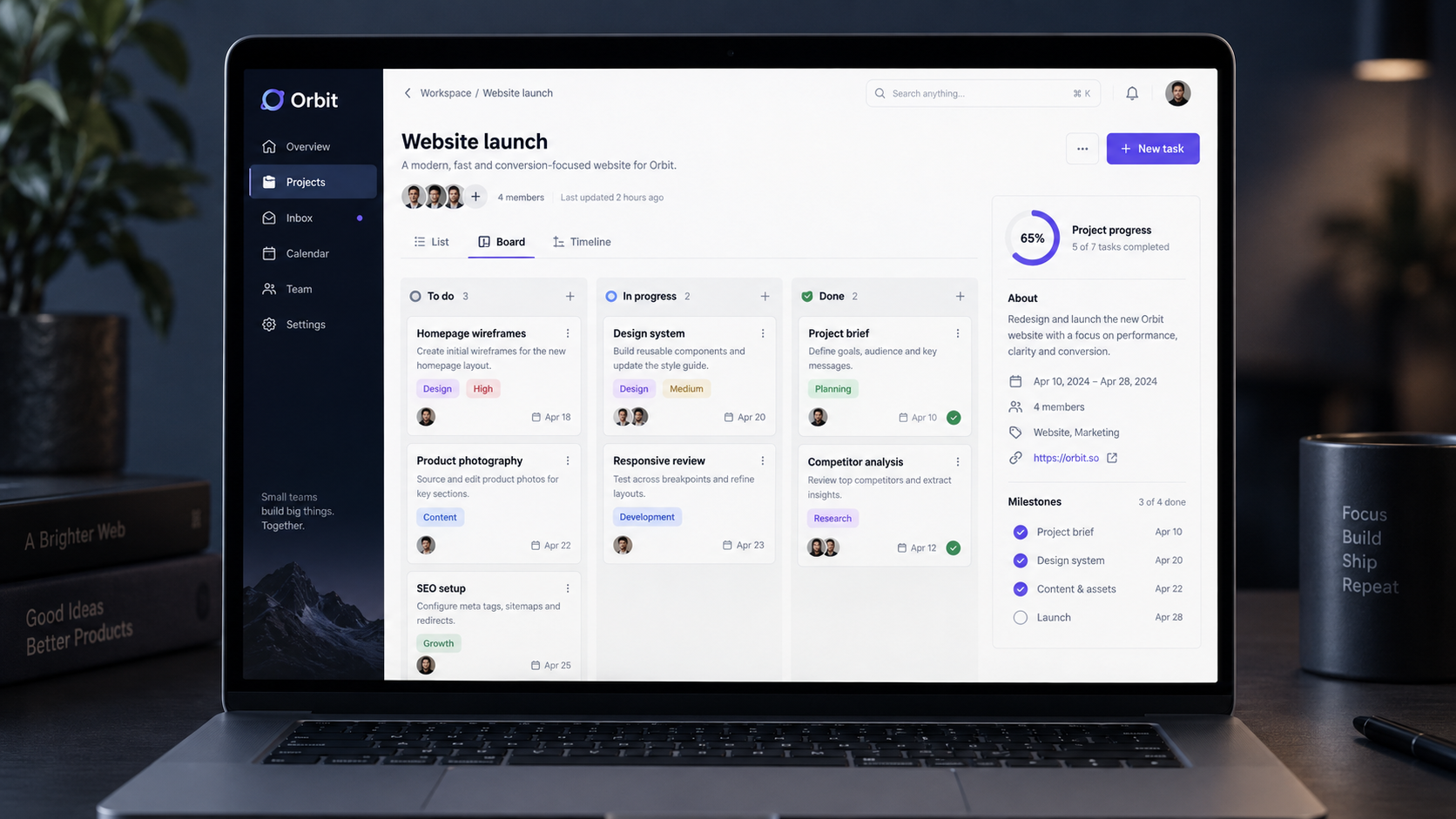 Project management dashboard with tasks, team activity and progress