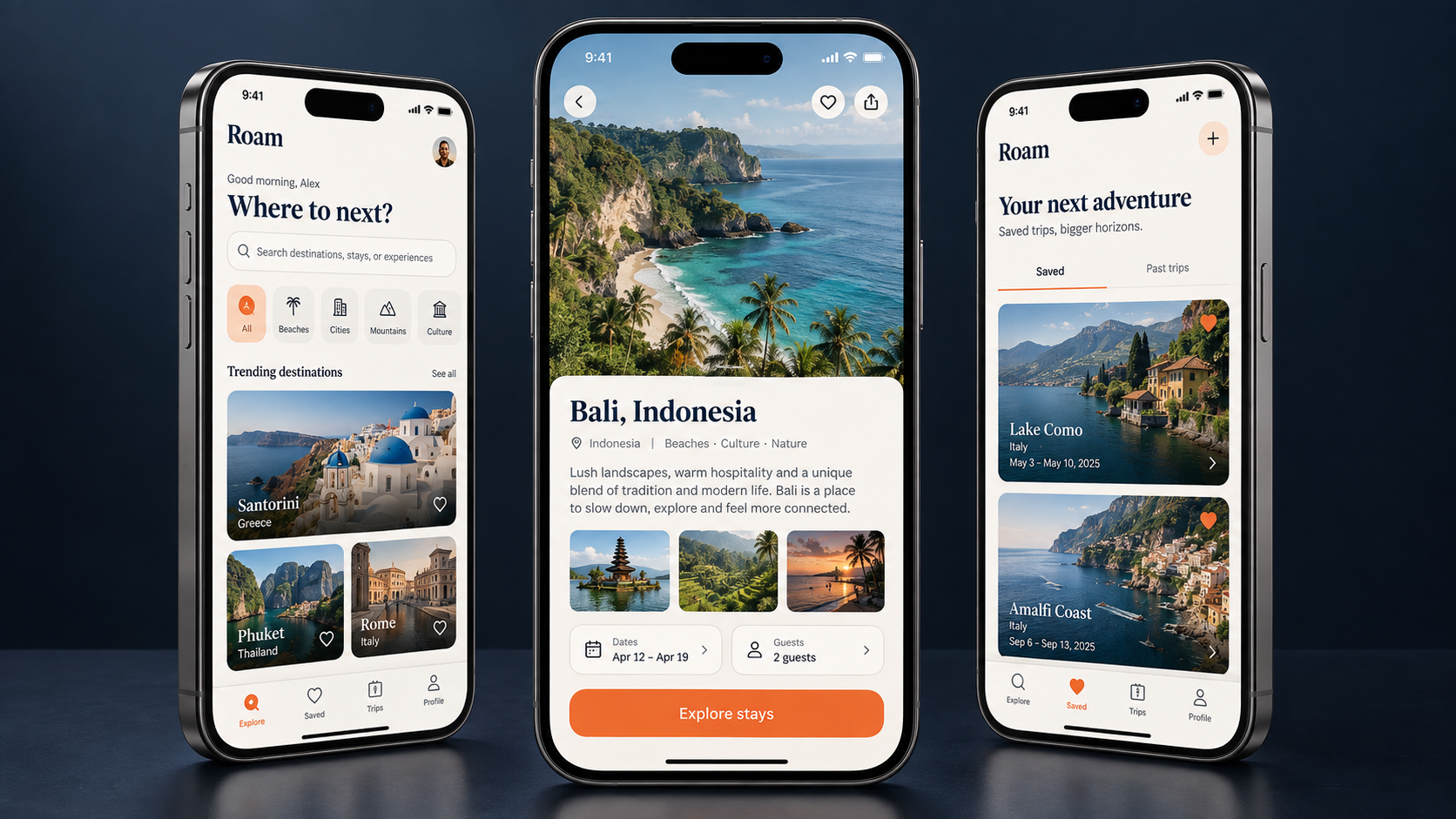 Travel mobile app displaying destination discovery, trip details and saved trips